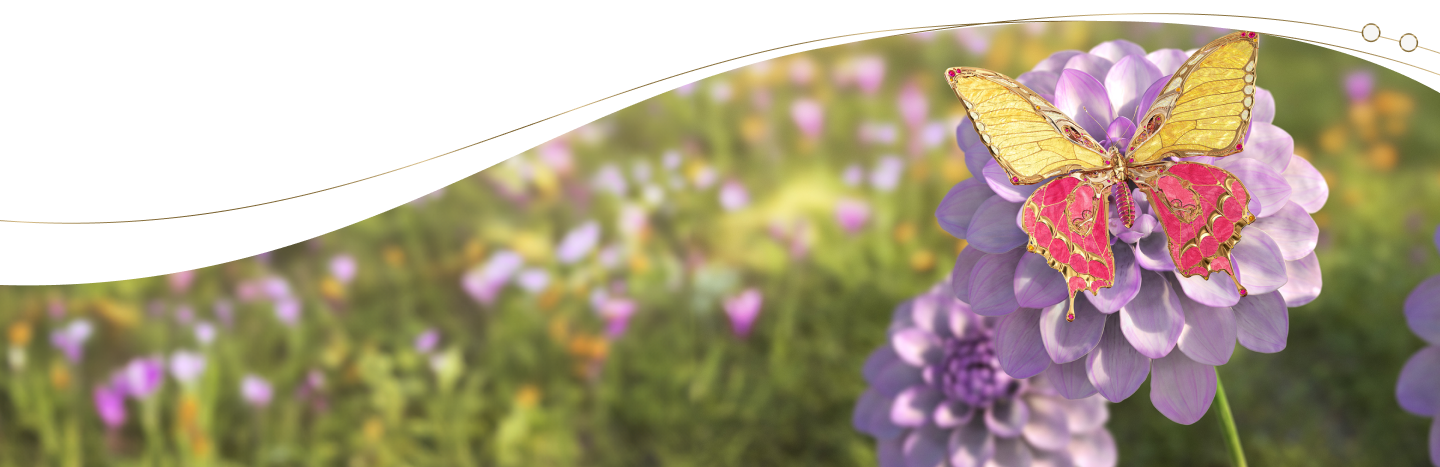 Image of an engineered mechanical yellow and magenta butterfly on a purple flower in a field