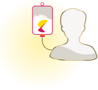Illustrated icon of a human silhouette attached to an IV bag with TECELRA symbol in yellow and magenta